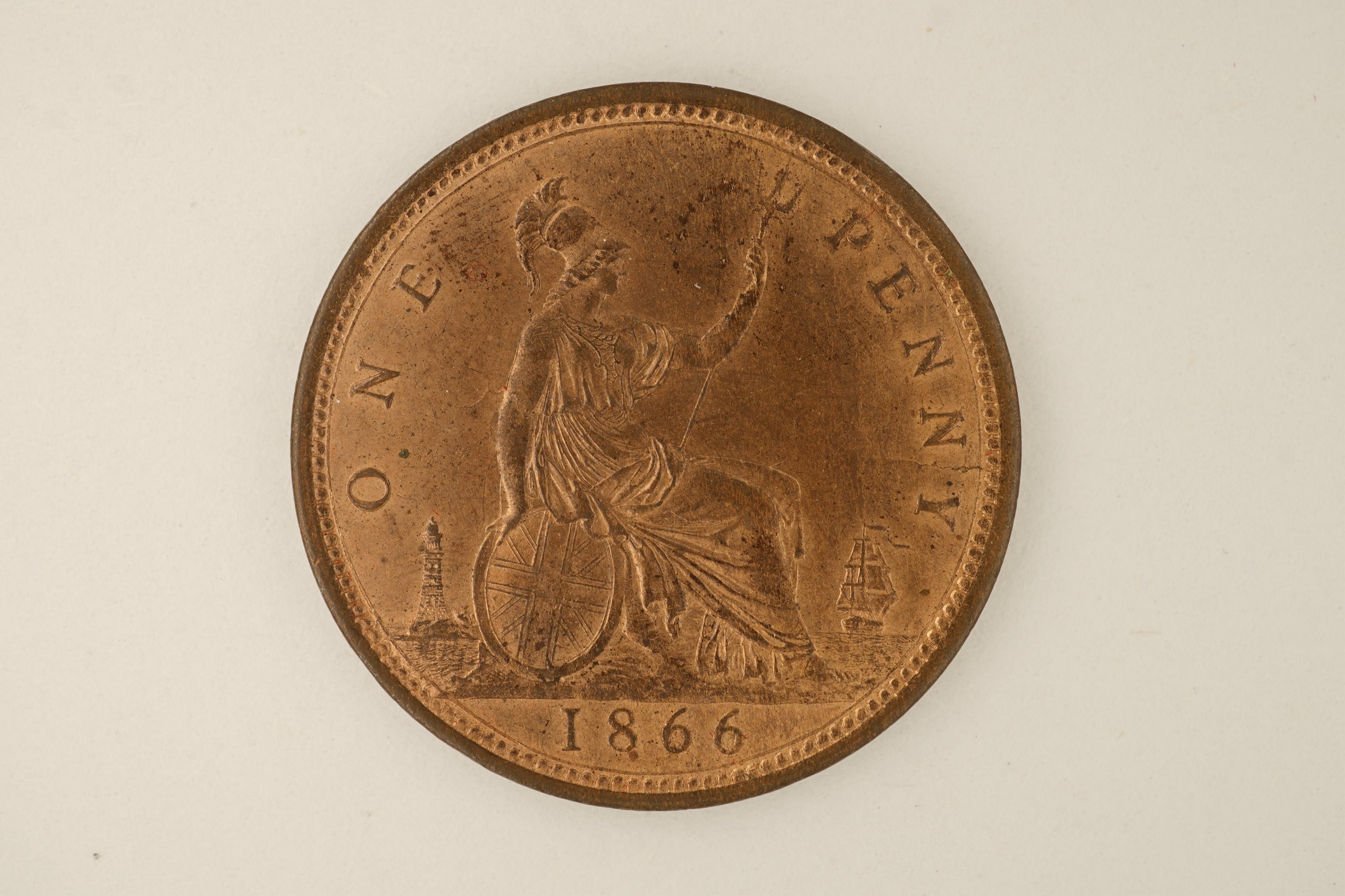 British coins, Victoria, two bronze pennies;, 1866, Fr. 52, Gouby dies J/G, EF, much lustre., 1867, Fr. 53, Gouby dies J/G, about EF, dark toned.